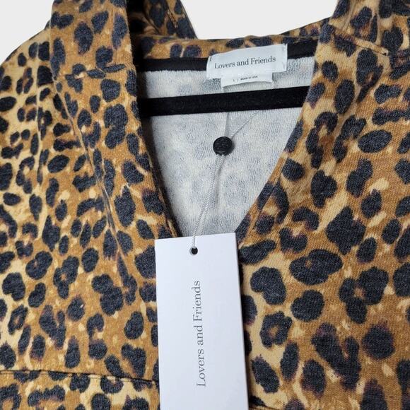 Lovers + Friends Cheetah Bell Sleeve Cropped Oversized French Terry Hoodie Sz L - Picture 7 of 8